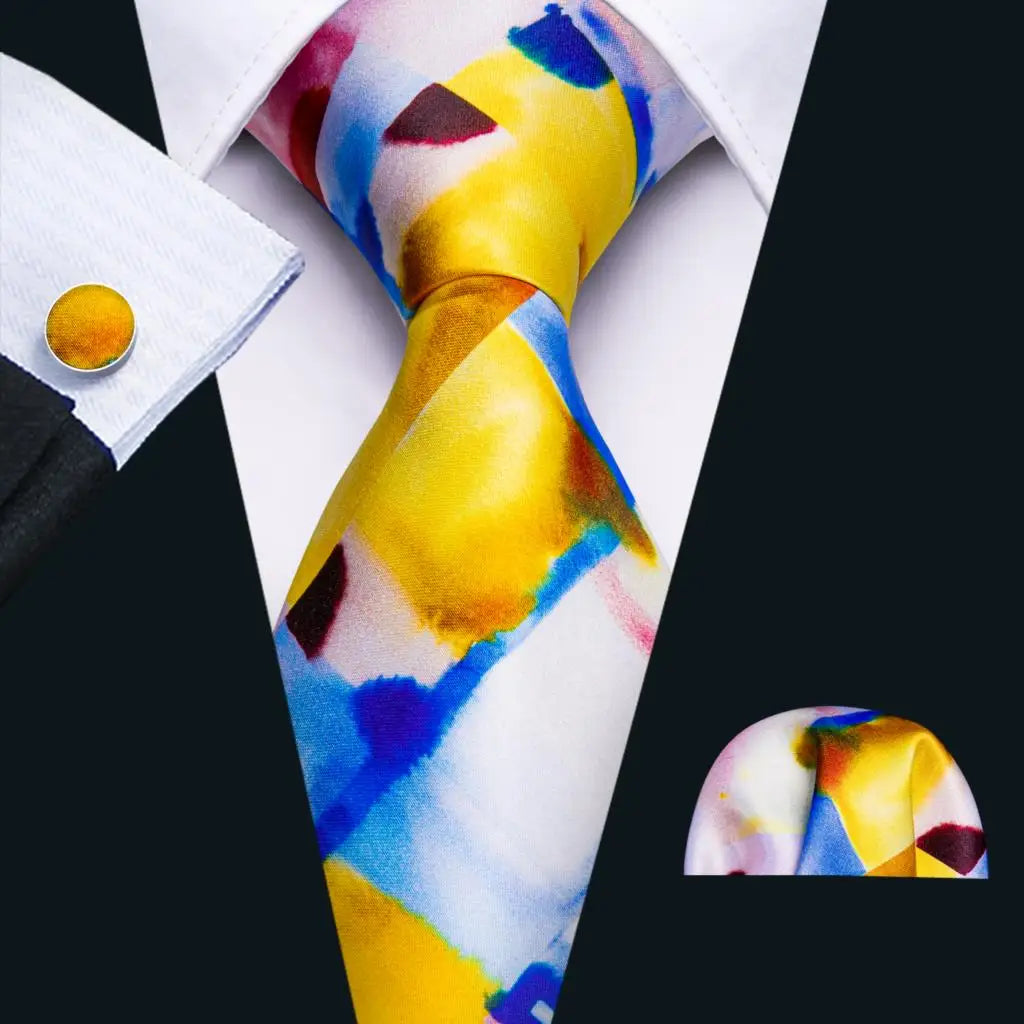 Barry.Wang Colorful Men Tie Handkerchief Cufflinks Set Novelty Floral Necktie for Male Designer Wedding Business Party Gift