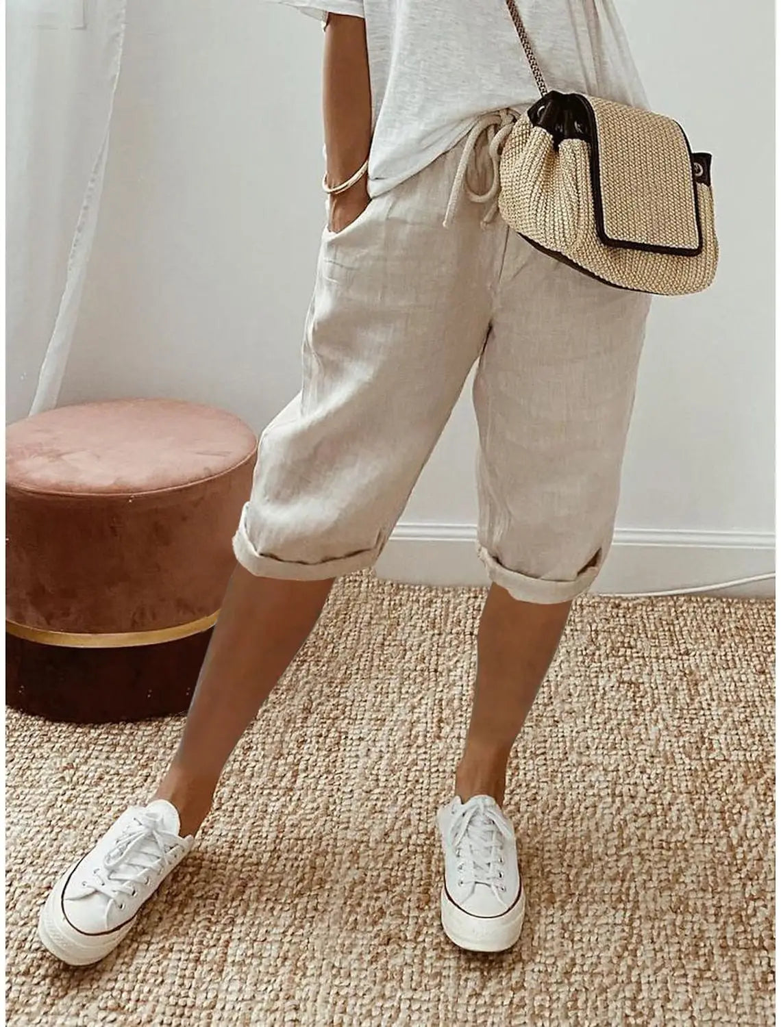 Shorts Women summer cotton linen elastic waist pocket elastic casual pants five quarter women&