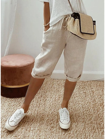 Shorts Women summer cotton linen elastic waist pocket elastic casual pants five quarter women&