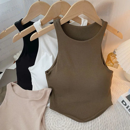 Summer Women Tank Tops Solid Color Camisole with padded Bra sexy Off Shoulder O Neck Elastic Tank Top Casual Sport Vest
