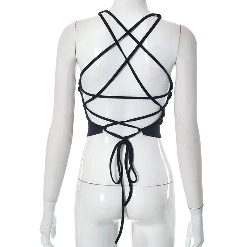 Y2K Backless Crop Top for Women Sleeveless Sexy Cute Black Vest Tank Top Summer Fashion Cropped Vest 2000s Style Female Clothing