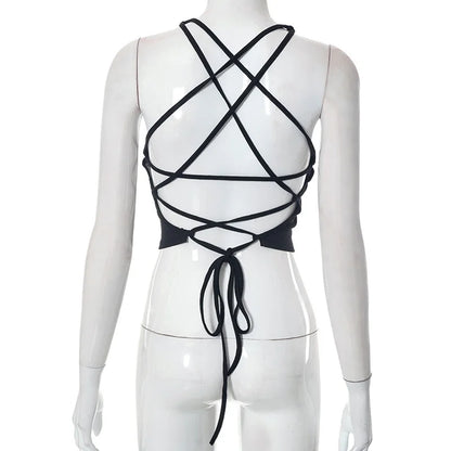 Y2K Backless Crop Top for Women Sleeveless Sexy Cute Black Vest Tank Top Summer Fashion Cropped Vest 2000s Style Female Clothing
