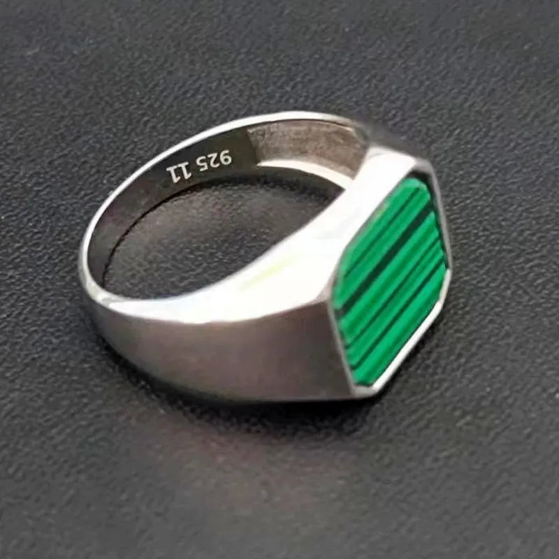 BOCAI  S925 Silver Jewelry Inlaid With Natural Malachite Stone Square Men&