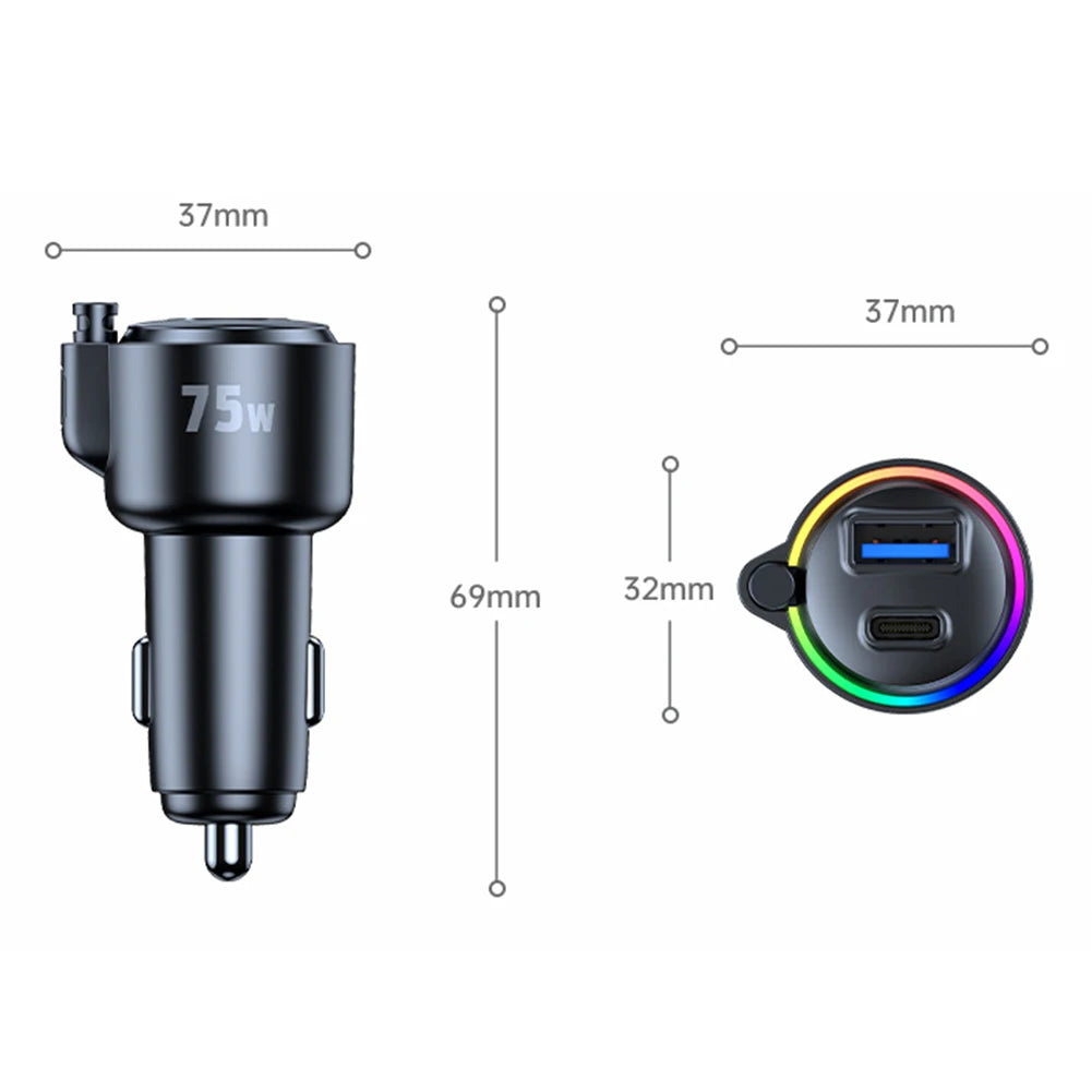 USB C Car Charger 75W Fast Charging PD 45W For QC3 0 Compatible with Dual Ports and Coiled Cable for Efficient Vehicle Charging