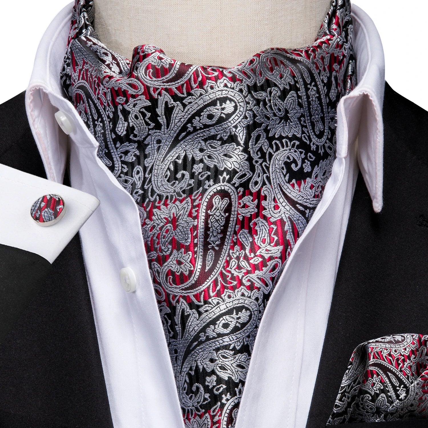 Hi-Tie Silk Mens Ascot Hanky Cufflinks Set Black Yellow White Paisley Cravat Tie Vest Dress Ascots Self Vintage Jacquard Woven
