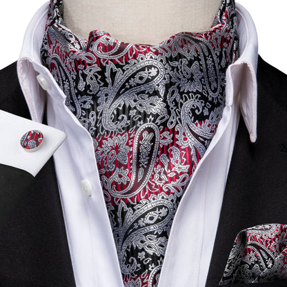 Hi-Tie Silk Mens Ascot Hanky Cufflinks Set Black Yellow White Paisley Cravat Tie Vest Dress Ascots Self Vintage Jacquard Woven