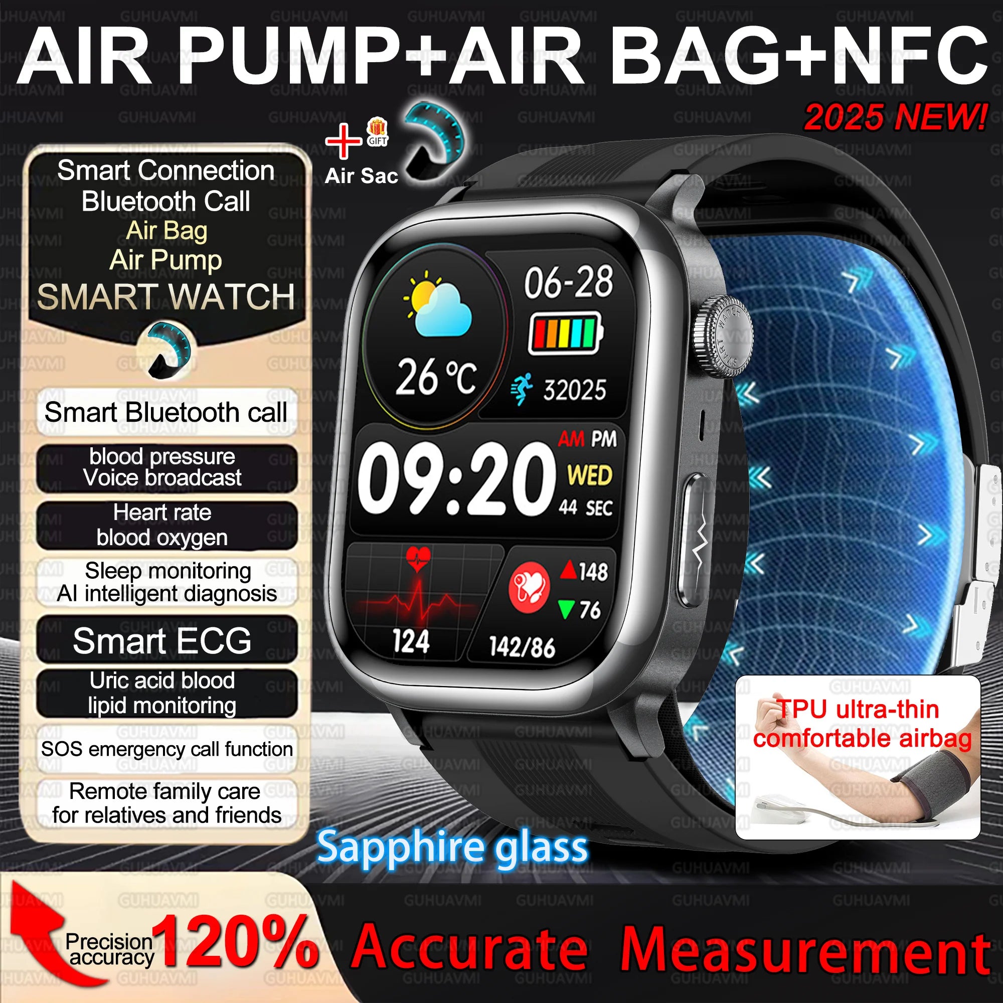 2026 New Air Pump+Air Bag+NFC Health SmartWatch Precise Blood Pressure Blood Fat Monitoring Voice Call Smartwatch For Men Women