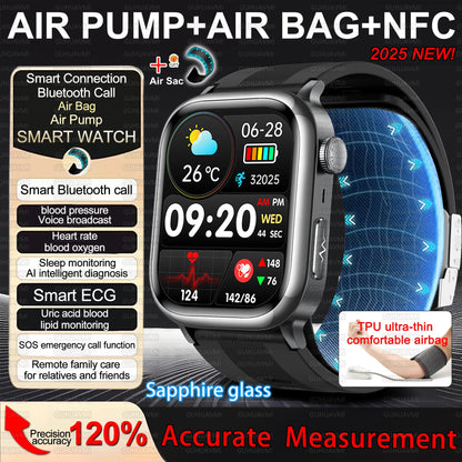 2026 New Air Pump+Air Bag+NFC Health SmartWatch Precise Blood Pressure Blood Fat Monitoring Voice Call Smartwatch For Men Women