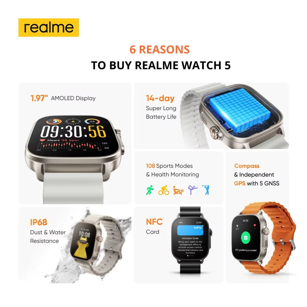 realme Watch 5 Smart Watch Global Version 1.97" AMOLED Display Sports &amp; Health Monitoring 14-day Battery Life IP68 Bluetooth 5.3