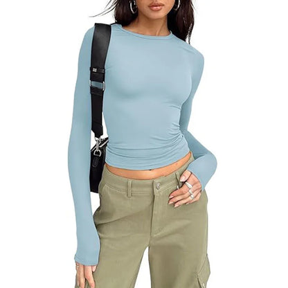 1pcs Four Seasons Fashion Senior Women T-shirt Long Sleeve Crew Neck Solid Slim Fit Tee Ladies Crop Top  Daily Streetwear Camis