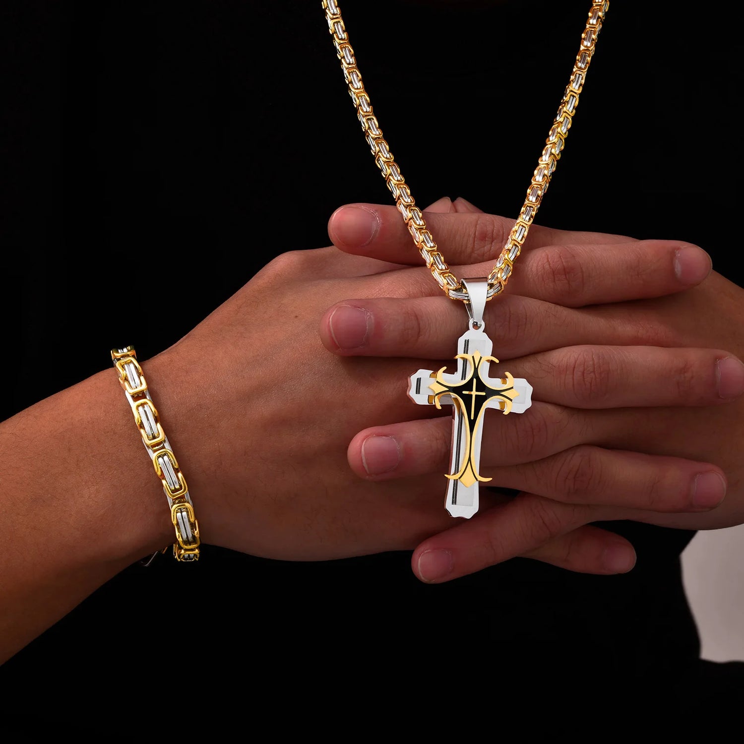 Mens Cross Pendant Necklace Sets,Two Tone Stainless Steel Byzantine Bracelets,Punk Jewelry Sets Gift to Husband Father Dad BBF