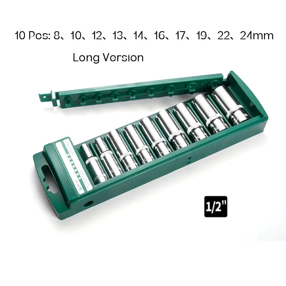Hex Socket Wrench Head Set 1/4 3/8 1/2 Short Long Socket Deep Nut Driver Sleeve Spanner End Ratchet Tool With Holder