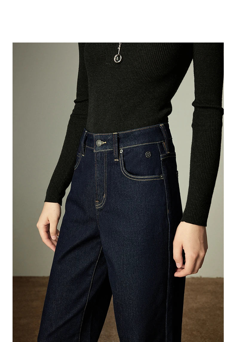 TOYOUTH Women Jeans 2025 Winter New Wool-Blend Elastic Retro Original Color Mid-Low Waist Wide-Leg Trousers