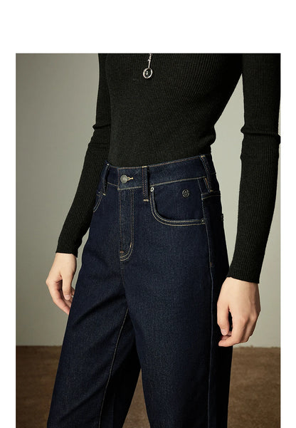 TOYOUTH Women Jeans 2025 Winter New Wool-Blend Elastic Retro Original Color Mid-Low Waist Wide-Leg Trousers