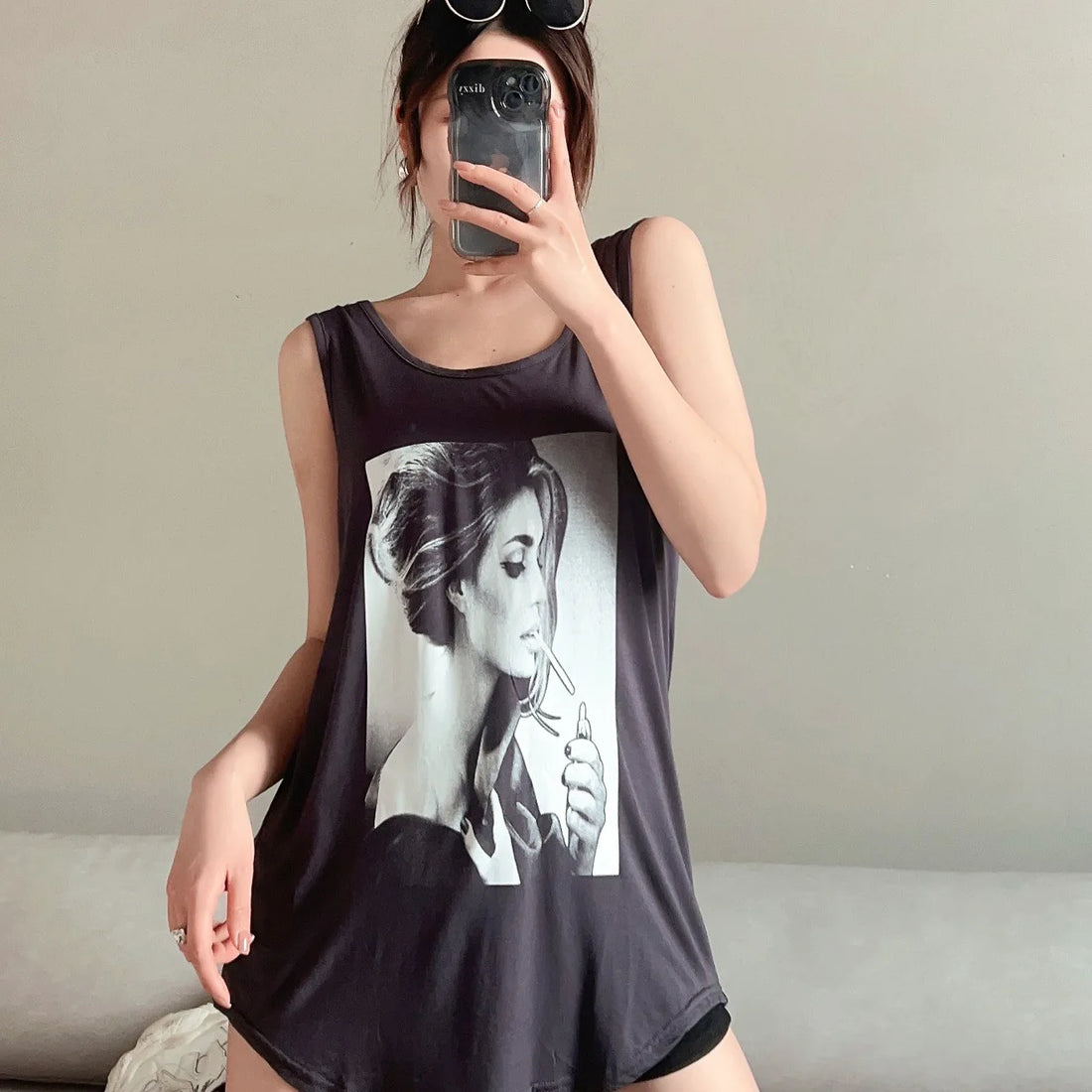 Women Long Tank Tops O-Neck Fashion Print Beauty&