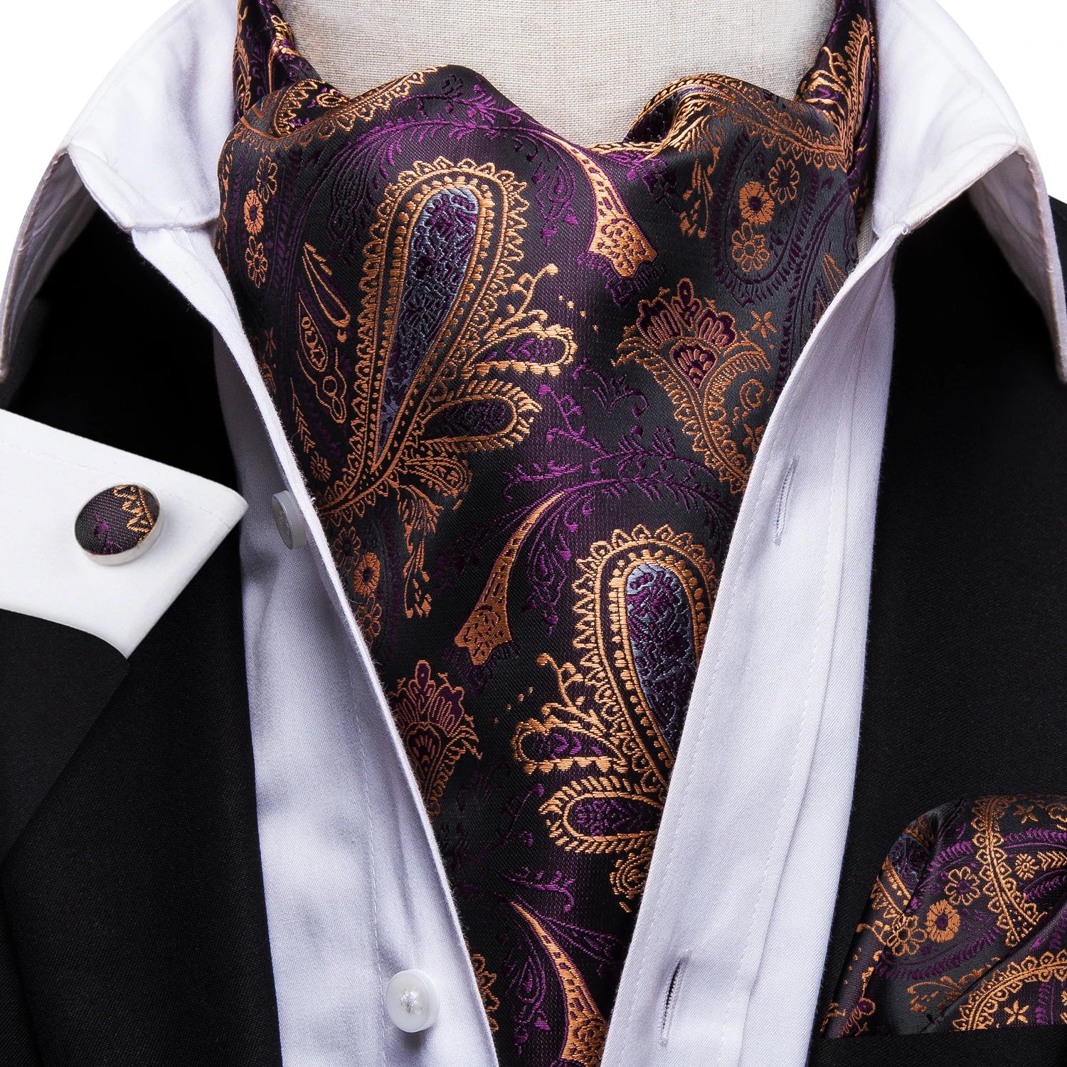 Hi-Tie Silk Mens Ascot Hanky Cufflinks Set Black Yellow White Paisley Cravat Tie Vest Dress Ascots Self Vintage Jacquard Woven