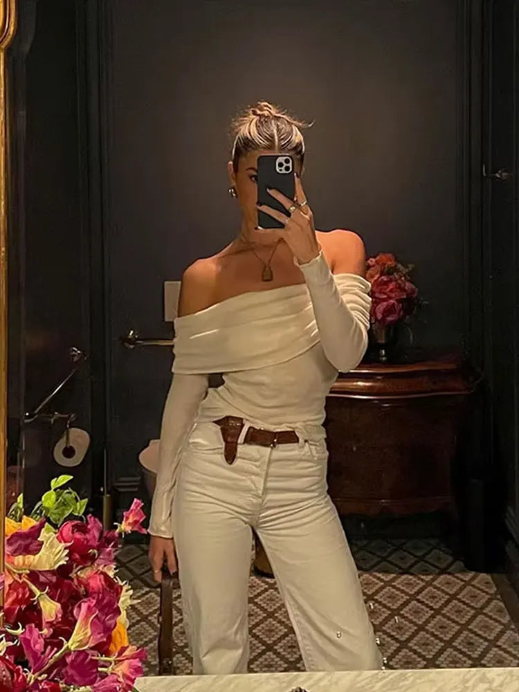 HH 2025 Woman Sexy Off Shoulder Long Sleeve T-Shirts Cotton Top New Women Short Ruched Simple Basic Translucent Tshirts