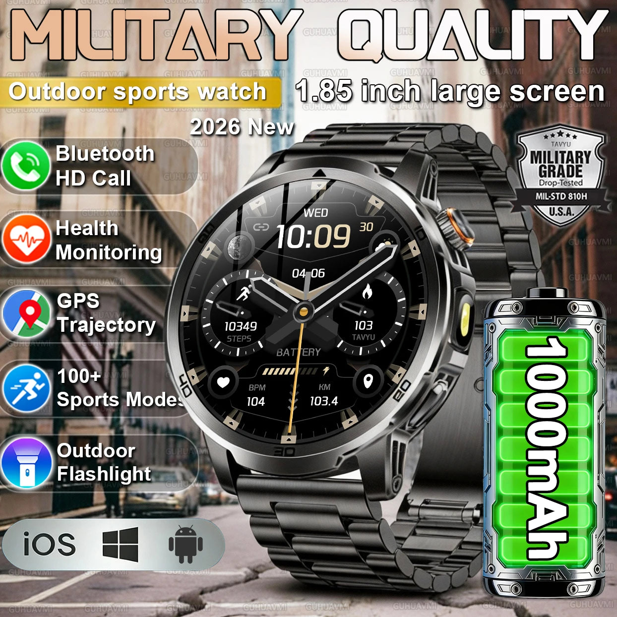 2026 New Military Outdoor Smart Watches 1.85 inch AMOLED 1000mAh Large Battery 10ATM Waterproof Call Sports Men Fitness Bracelet