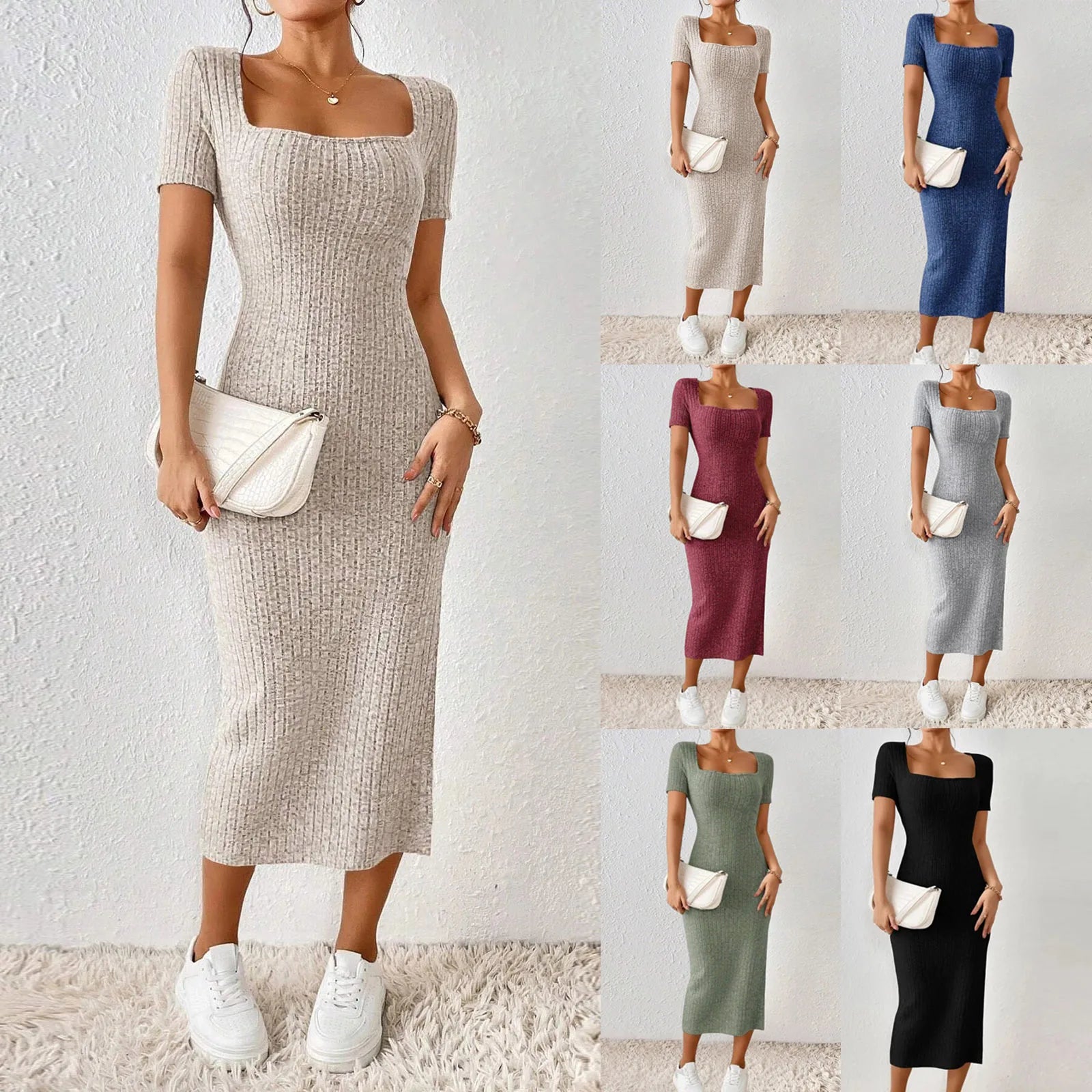 Summer Dresses For Women 2026 Summer Ribbed Short Sleeve Bodycon Maxi Dress Side Slit Knit Square Neck Long Robe Vestidos