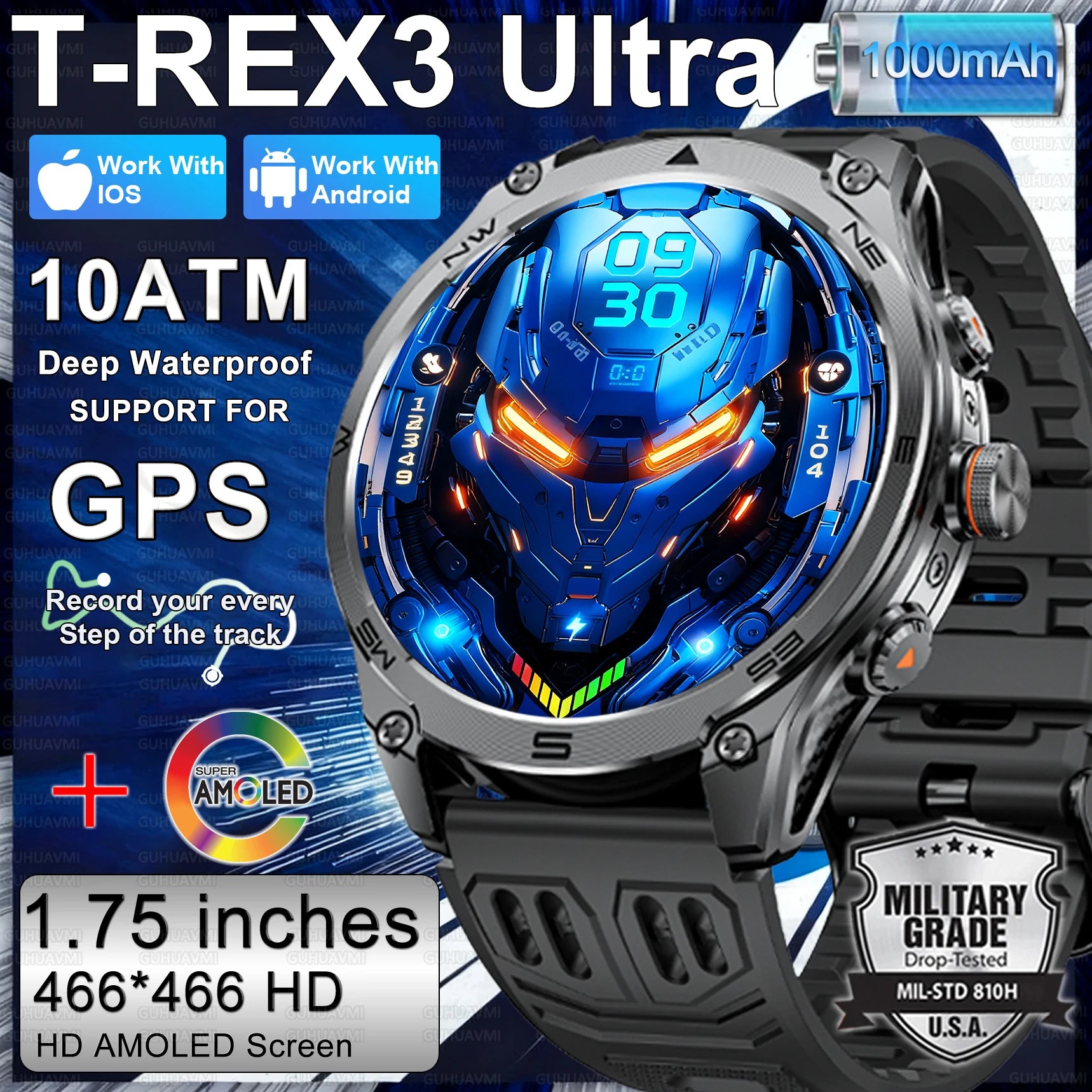 T-Rex 3 ULtra Military Grade 1000mAh Battery Smart Watch 10ATM Waterproof GPS call AMOLED HD Men 100+Sports 2025 New Smart watch