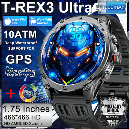 T-Rex 3 ULtra Military Grade 1000mAh Battery Smart Watch 10ATM Waterproof GPS call AMOLED HD Men 100+Sports 2025 New Smart watch