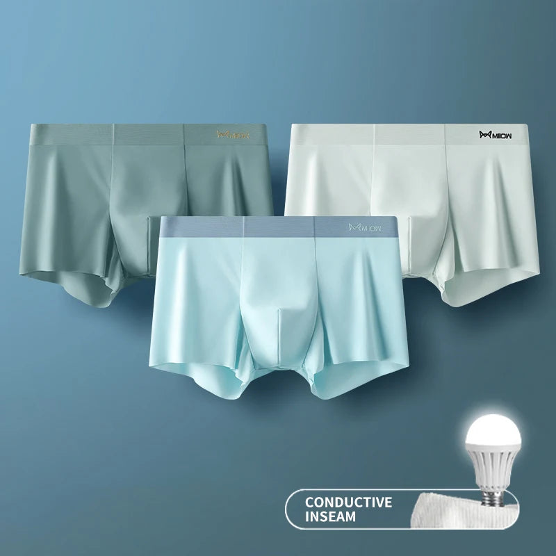MIIOW 3Pcs Ice Silk Man Underwear Boxer Metal Fiber Antistatic Men Underpants Seamless Cut Hem Men&