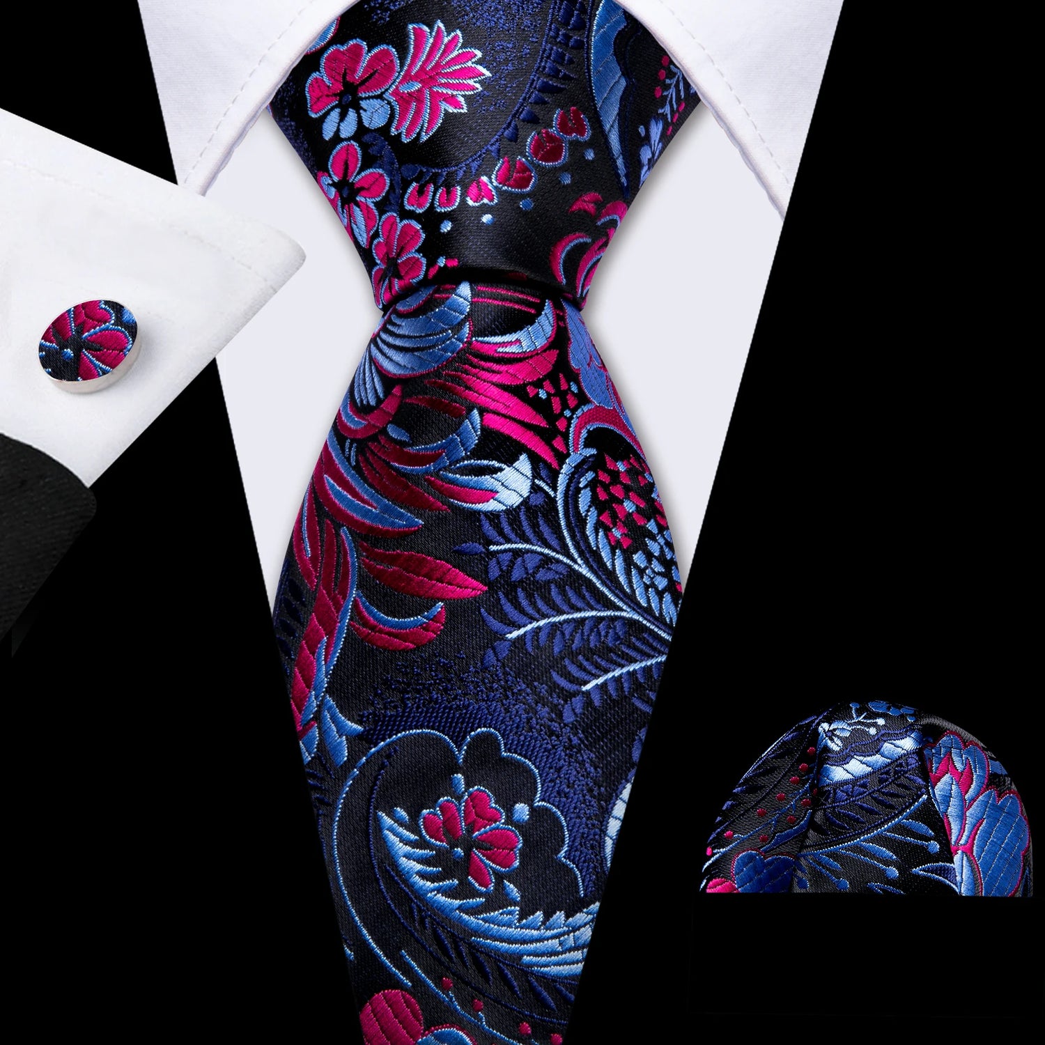 Barry.Wang Colorful Men Tie Handkerchief Cufflinks Set Novelty Floral Necktie for Male Designer Wedding Business Party Gift
