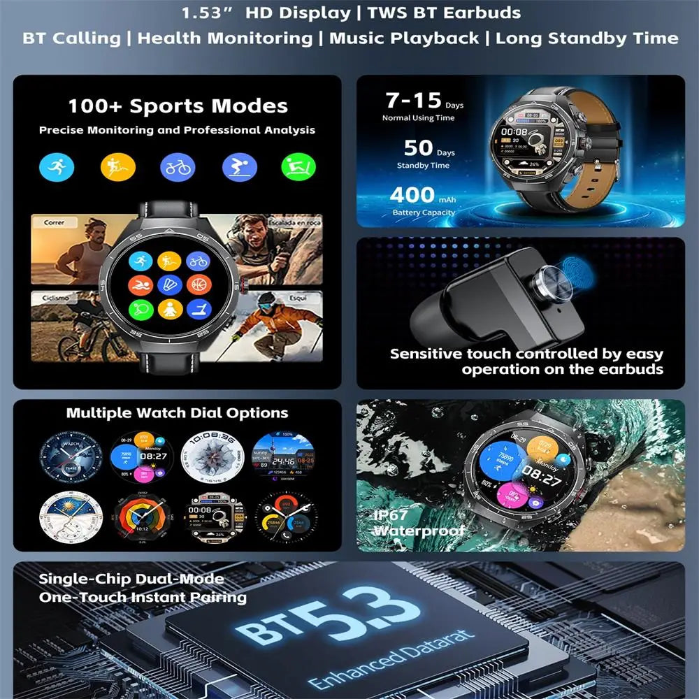 New Smart Watch Men TWS 2-in-1 Bluetooth Earphones With Built-in Speaker HIFI  1.53HD SCreen Bluetooth Call IP67 Waterproof