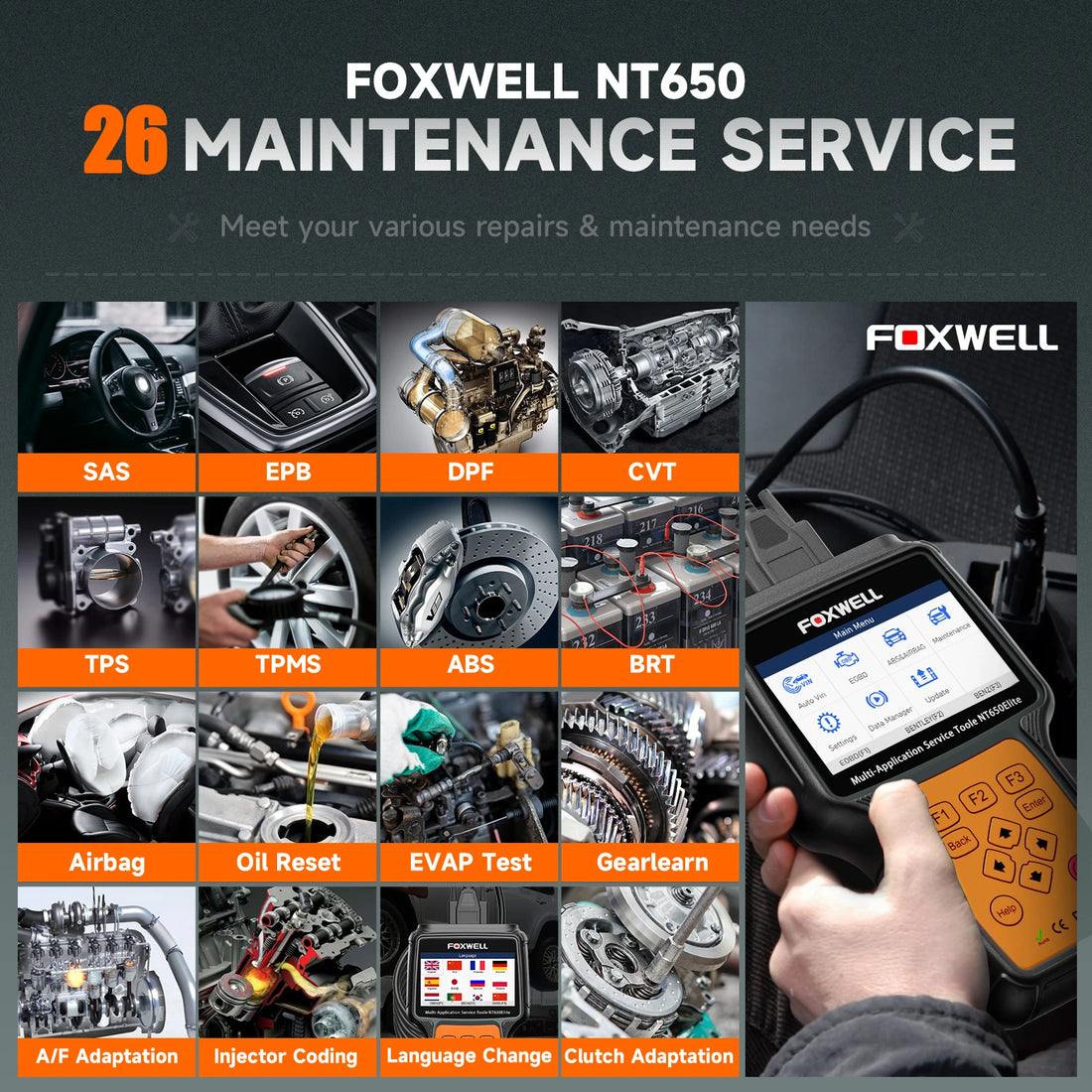 FOXWELL NT650 Elite Car OBD2 Scanner Diagnostic Tools ABS SRS Code Reader EPB TPMS DPF BRT Oil Reset OBD2 Automotive Scanner