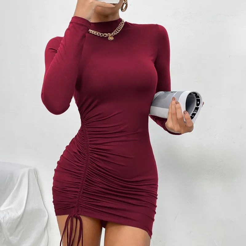 New Dresses 2025 Woman Fashion Summer High-neck Purple Long-sleeved Pleated Tie-up Dress Skirt Women&