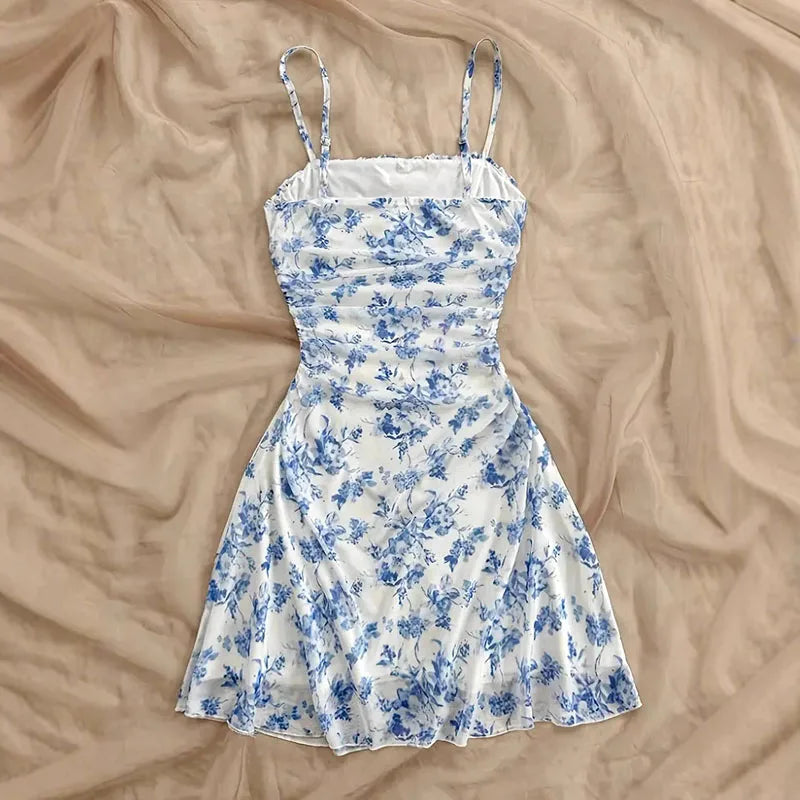 Summer Women Elegant Floral Mini Dress Fashion Fold High Waisted Slim A-Line Dresses Lady Sexy Backless Spaghetti Strap Sundress