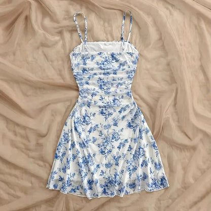 Summer Women Elegant Floral Mini Dress Fashion Fold High Waisted Slim A-Line Dresses Lady Sexy Backless Spaghetti Strap Sundress