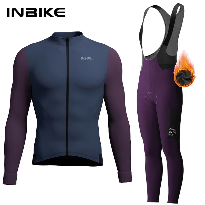 INBIKE Winter Cycling Clothing for Men Fleece Cycling Sets Long Sleeve Jersey with Pockets Long Bicycle Bib Pants for Road Bikes