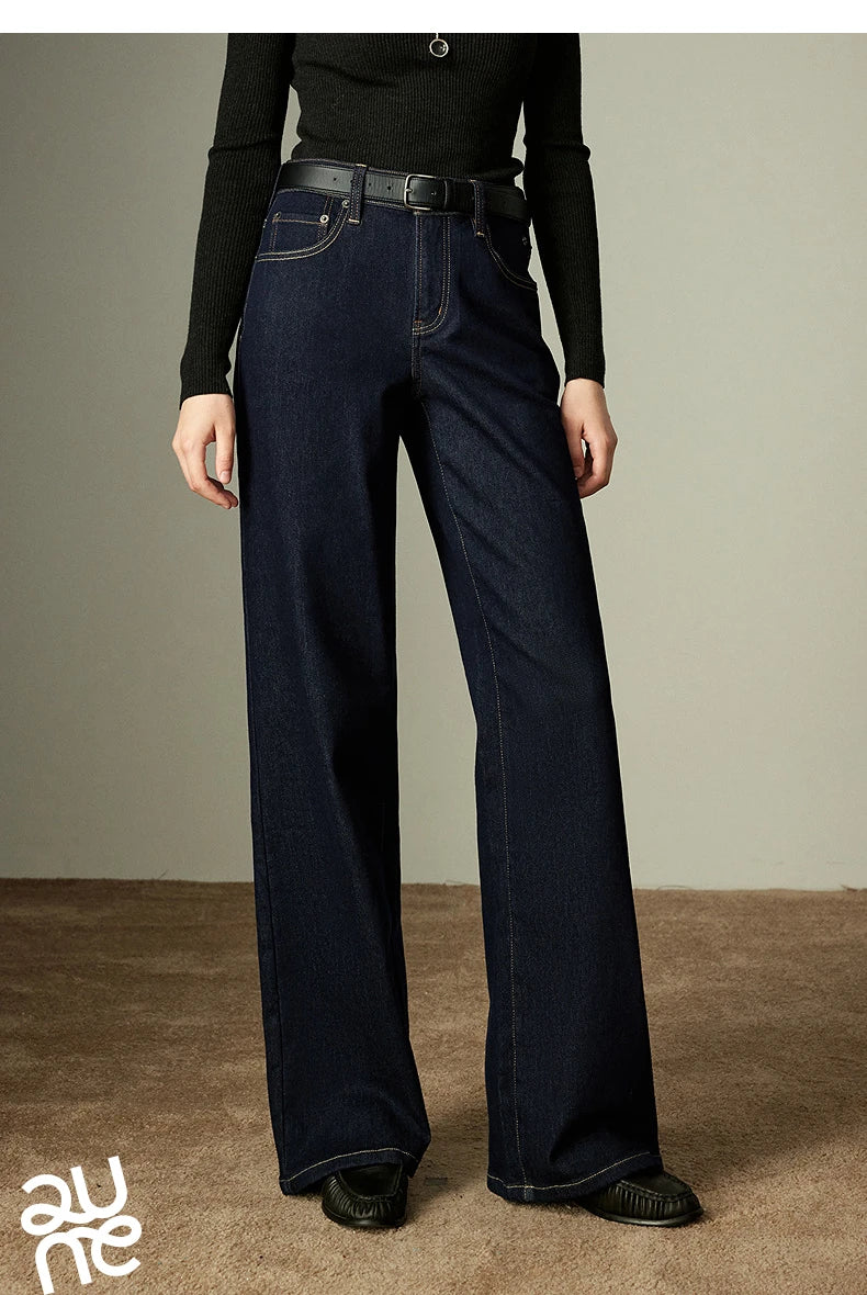 TOYOUTH Women Jeans 2025 Winter New Wool-Blend Elastic Retro Original Color Mid-Low Waist Wide-Leg Trousers