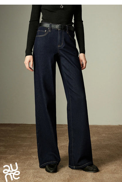 TOYOUTH Women Jeans 2025 Winter New Wool-Blend Elastic Retro Original Color Mid-Low Waist Wide-Leg Trousers