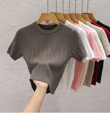 2026 Summer T shirts for Women Casual Female Korean Knit Streetwear Tees Basic Solid Young Cool Tops