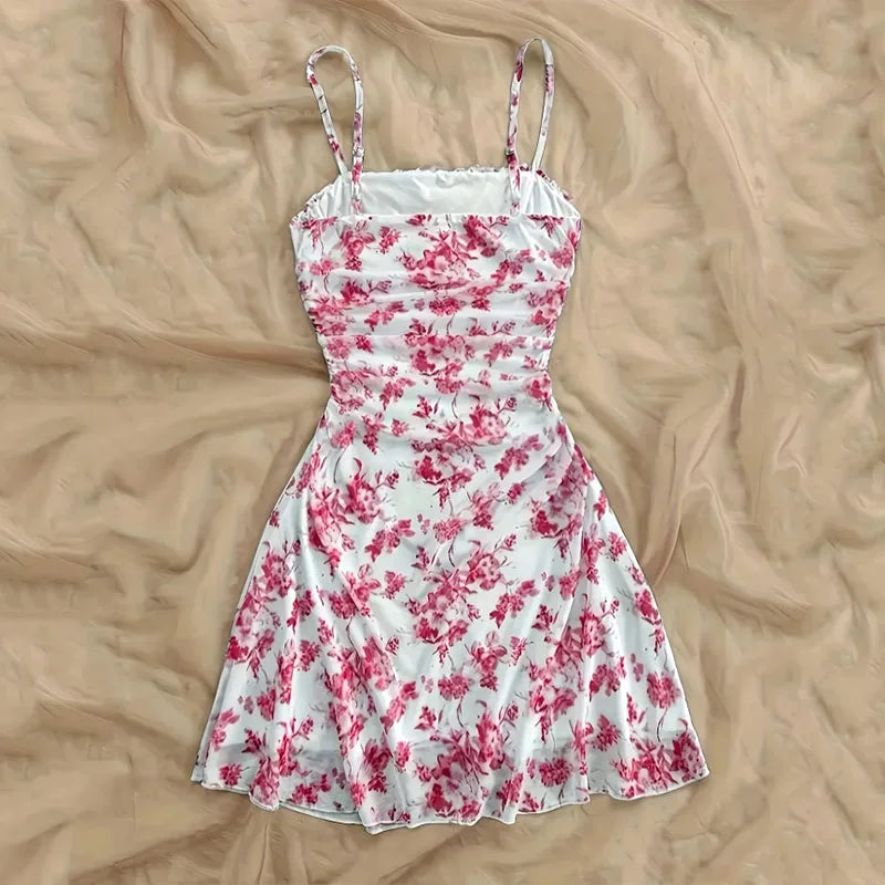 Summer Women Elegant Floral Mini Dress Fashion Fold High Waisted Slim A-Line Dresses Lady Sexy Backless Spaghetti Strap Sundress