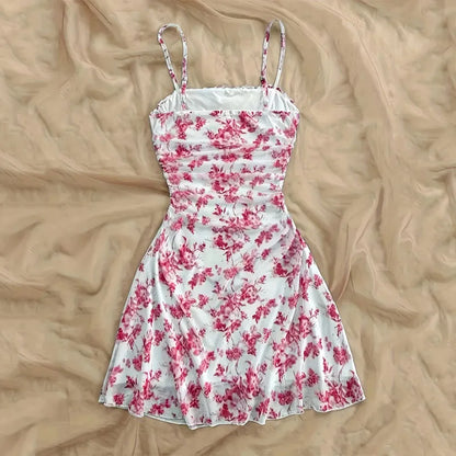 Summer Women Elegant Floral Mini Dress Fashion Fold High Waisted Slim A-Line Dresses Lady Sexy Backless Spaghetti Strap Sundress