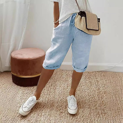 Shorts Women summer cotton linen elastic waist pocket elastic casual pants five quarter women&