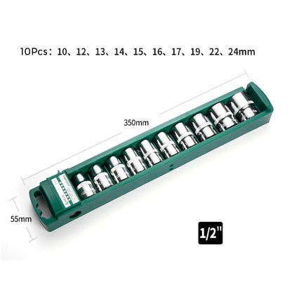 Hex Socket Wrench Head Set 1/4 3/8 1/2 Short Long Socket Deep Nut Driver Sleeve Spanner End Ratchet Tool With Holder
