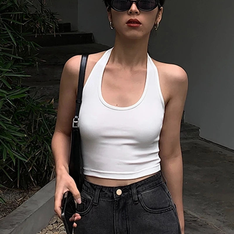 Cotton Sexy Backless Black White Tank Tops Halter Streetwear Vest Female Crop Top Summer 2025 Basic T-shirts Ladies Tube Camis