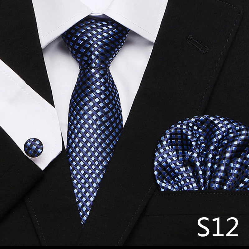 Men`s Tie Red Plaid print Jacquard Woven Tie Hanky Cufflinks Sets For Formal Wedding Business Party Free Postage