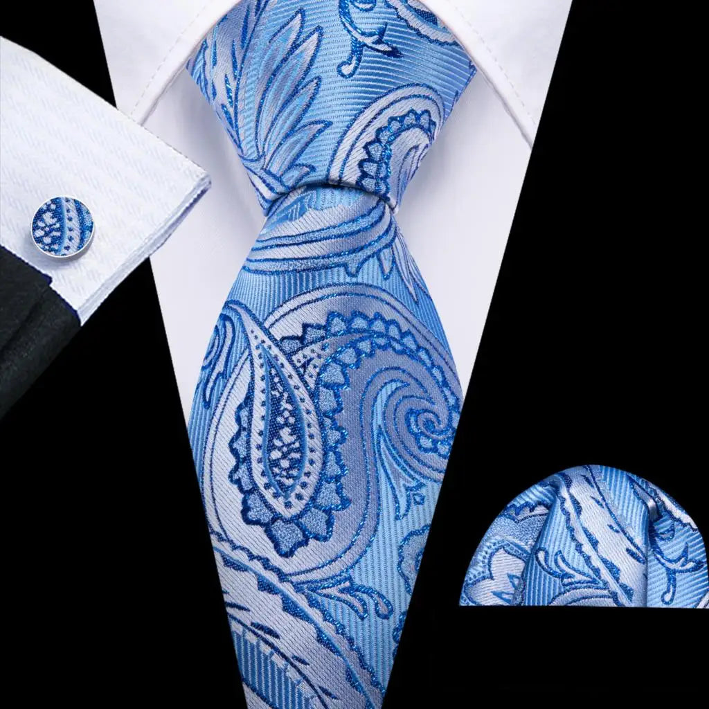 Barry.Wang Navy Royal Sky Blue Silk Men Tie Hanky Cufflinks Set Jacquard Teal Cyan Turquoise Necktie for Male Wedding Business
