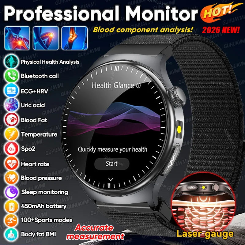 2026 New Micro Physical Examination Health SmartWatch Men ECG Uric Acid Lipids Blood Pressure BT Call Smartwatch For Android IOS