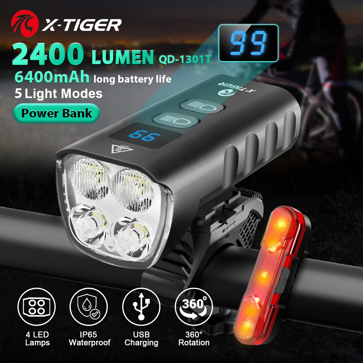 X-TIGER Bike Front Light 6400mA Rechargeable Bicycle Light 2400LM Cycling Headlight LED Flashlight MTB Bike Lamp