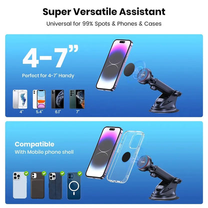TOPK Magnetic Car Phone Mount; N52 Strong Magnet Dashboard Windshield Suction Cup Car Phone Holder Adjustable Telescopic Arm