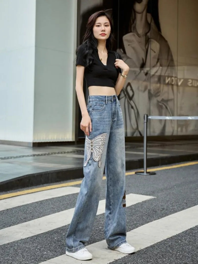 Womens Jeans High Waist Shot Denim Pants for Women Graphic Straight Leg Butterfly Trousers with Print Pattern Basics Z on Sale A