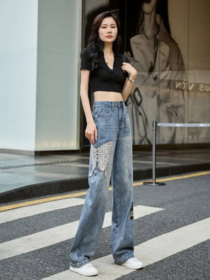 Womens Jeans High Waist Shot Denim Pants for Women Graphic Straight Leg Butterfly Trousers with Print Pattern Basics Z on Sale A