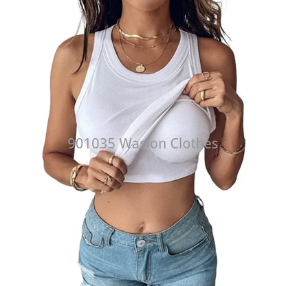 Fashion Tank Top Women Clothing Summer New Round Neck Ribbed with Bra Pads Casual Solid Color Sleeveless Tops for Female