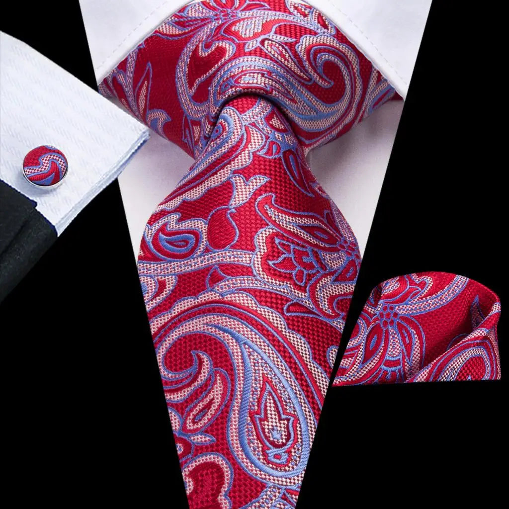 Hi-Tie Designer Burgundy Paisley 63inch Silk Mens Tie Extra Long Ties for Men Woven Classic 160cm Mens Necktie Pocket Square Set